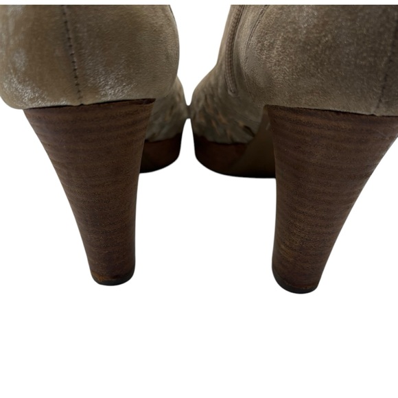 Paul Green Taupe Peep-Toe leather Ankle Boots cutout size 7 stacked wooden heel - Picture 4 of 10